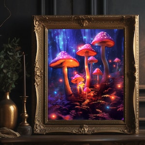 Glowing Mushroom Art Print: Vintage Cottagecore Decor (Digital Download)