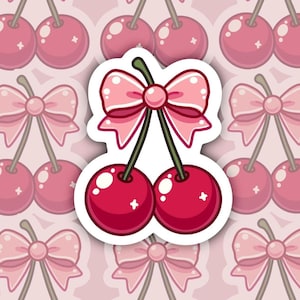 Coquette Cherry with Bow Sticker - Cute Aesthetic Vinyl Sticker for Laptops, Water Bottles, Journals, and Scrapbooking
