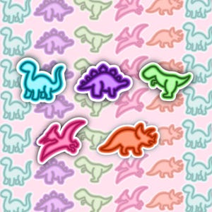 May include: A repeating pattern of colorful dinosaur illustrations on a light pink background. The dinosaurs are outlined in various colors, including blue, purple, green, pink, and orange. The design features different dinosaur species.