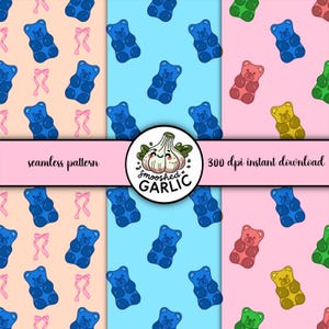 May include: A seamless pattern design featuring blue gummy bears on various colored backgrounds, including pink, light blue, and peach. The design also includes pink bows. The text "seamless pattern" and "300 dpi instant download" are present.