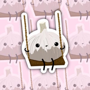 Garlic on a Swing Sticker– Vinyl Decal for Foodies, Garlic Fans, and Chill Vibes, Laptop & Notebook Stickers, Party Favors,  Collections