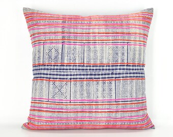 Hmong Pillow with Batik and Handwoven Natural Dyed Cotton, Boho Throw Pillow, Bohemian Decor Indigo Pillow, Hmong Pillow 20" x 20" / 523