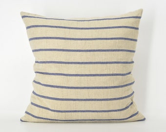 Blue And Beige Striped Pillow Case, Indigo Pillow Cover, Beach Decor, Linen Pillow Case, Rustic Pillow Case, Farmhouse Pillow Cover