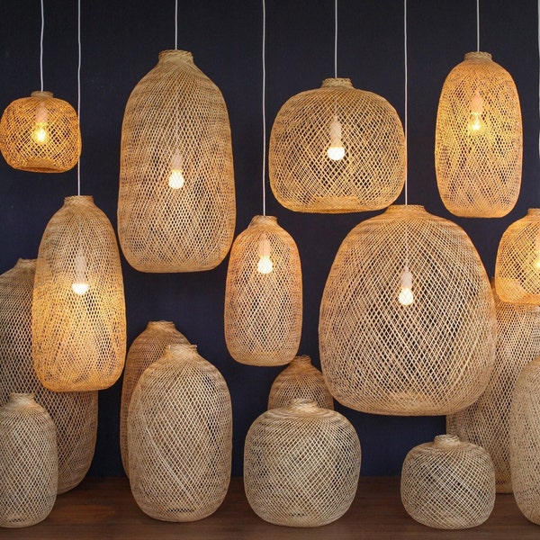Bamboo Pendant Light, Boho Ceiling Light Fixture, Fishing Basket Lamp, Woven Lamp Shade, Rattan Pendant Light, Extra Large Basket Lamp