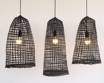 Black Bamboo Rustic Pendant Lamp, Rattan Light, Boho Light Fixture, Bamboo Pendant Light, Woven Ceiling Lamp, Seagrass Lamp, Wicker Light