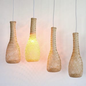 Bamboo Pendant Light, Small Bottle Shape Bamboo Lamp, Hanging Ceiling Lantern, Artisan Rattan Pendant Light, Woven Boho Wedding Lighting