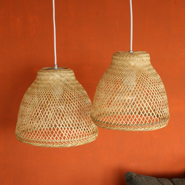 Bamboe hanglamp, bamboe lichtkap, mand hanglamp, geweven lampenkap, hangende lichtpunt, hanglamp, Wabi Sabi Bell Lights