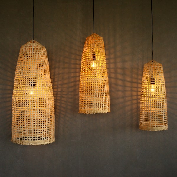 Natural Bamboo Pendant Light, Fish Trap Lamp, Basket Pendant Lamp, Dimmable Wicker Lamp, Traditional Woven Lamp, Coastal Bamboo Lampshade