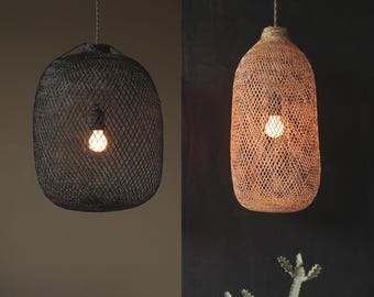 Flexible Bamboo Pendant Lamp, Boho Light Fixture, Rattan Pendant Light, Woven Bamboo Lamp, Wabi Sabi Wedding Light Decor, Black Zen Lantern