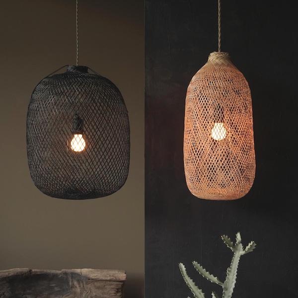 Flexible Bamboo Pendant Lamp, Handwoven Boho Light Fixture, Natural or Charcoal Black