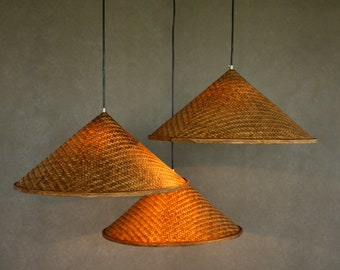 Bamboo Lampshade, Cone Pendant Light, Woven Bamboo Suspension, Thailand Boho Deco, Shadow Casting Light Fixture, Hanging Bamboo Lamp Shade