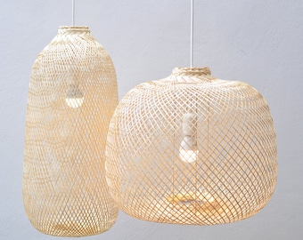 Bamboo Pendant Light, Re-purposed Fish Trap Ceiling Lamp, Oblong/Round Woven Bamboo Hanging Lamp, Bohemian Décor / PL05