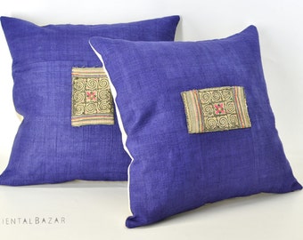 Blue Hemp Pillow Case, Embroidery Pillow Case, Hmong Pillow Cover, Linen Pillow Case, Scatter Cushion Cover, Ethnic Pillow Case  / 370