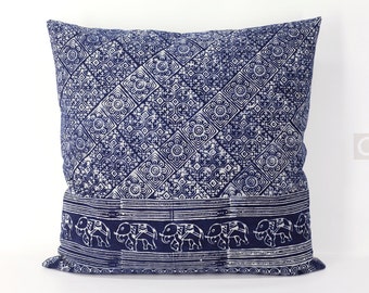 Indigo Batik Pillow Case, Vintage Hmong Pillow Case, Throw Pillow Cover, Elephant Print Pillow Case, Handprinted Cushion Cover, Ethnic Cover