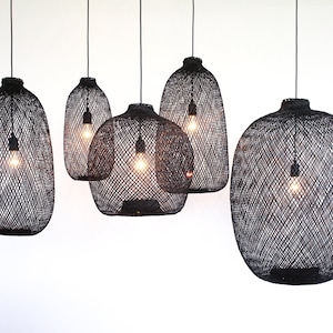Handwoven Flexible Bamboo Pendant Light, Charcoal Black, Organic Modern