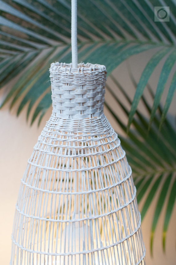White Washed Bamboo Pendant Light Fish Trap Lamp Villa Style Woven Hanging Balinese Boho Décor Pl04 W