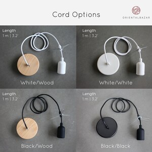 May include: Four different cord options for a pendant light fixture. The options include a white cord with a white ceiling plate and a white bulb, a white cord with a wood ceiling plate and a white bulb, a black cord with a black ceiling plate and a black bulb, and a black cord with a wood ceiling plate and a black bulb. Each cord is 1 meter or 3.2 feet long.