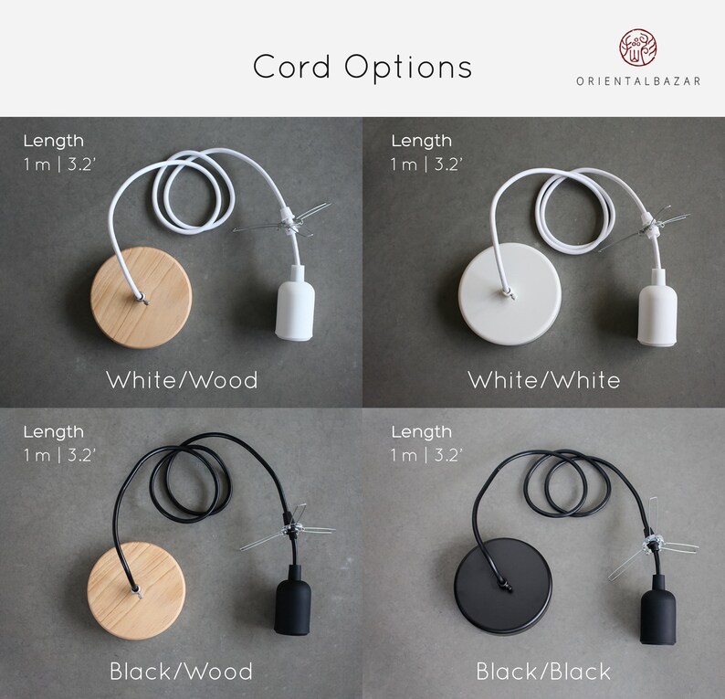 May include: Four different cord options for a pendant light fixture. The options include a white cord with a white ceiling plate and a white bulb, a white cord with a wood ceiling plate and a white bulb, a black cord with a black ceiling plate and a black bulb, and a black cord with a wood ceiling plate and a black bulb. Each cord is 1 meter or 3.2 feet long.