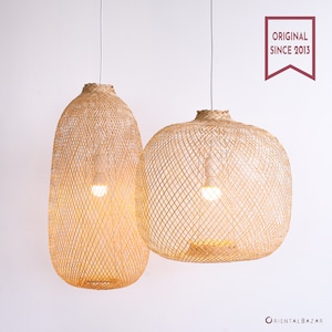 Flexible Bamboo Pendant Light, Fish Trap Ceiling Lamp, Hanging Lamp, Boho Light Fixture, Suspension Bamboo, Ceiling Light, Woven Chandelier image 1