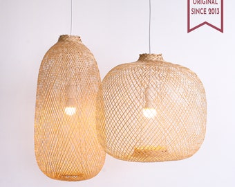 Luz colgante de bambú flexible, lámpara de techo con trampa para peces, lámpara colgante, luminaria boho, bambú de suspensión, luz de techo, lámpara de araña tejida