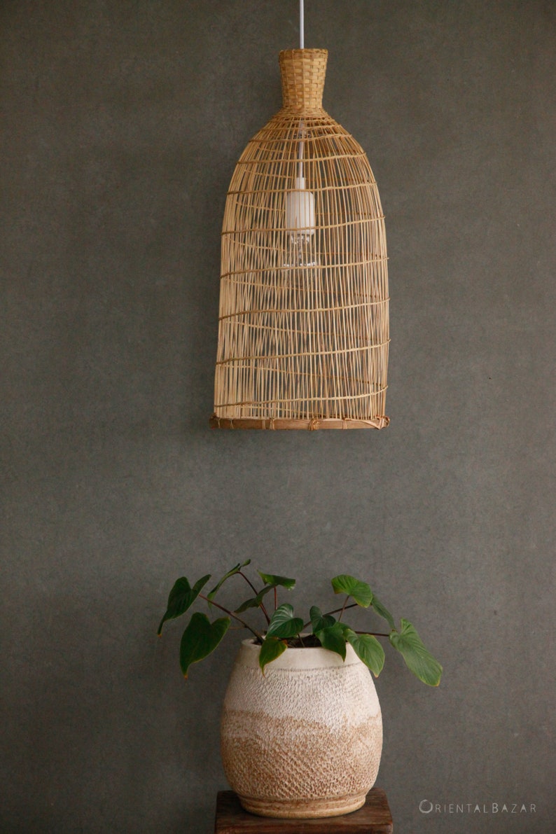 Bamboo Pendant Light, Woven Pendant Lamp, Bamboo Hanging Lamp, Coastal Bar Light, Accent Lamp, Veneer Lamp, Basket Pendant Lamp, Asian Light image 3