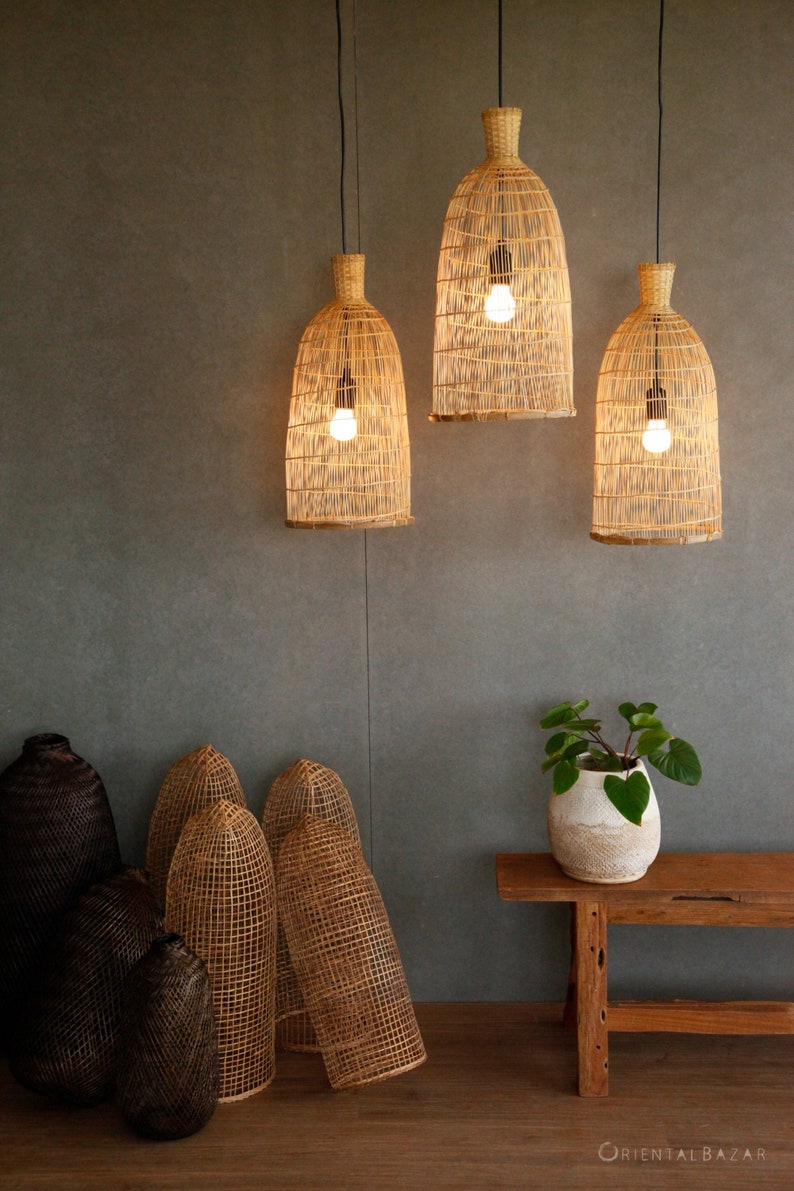 Bamboo Pendant Light, Woven Pendant Lamp, Bamboo Hanging Lamp, Coastal Bar Light, Accent Lamp, Veneer Lamp, Basket Pendant Lamp, Asian Light image 1