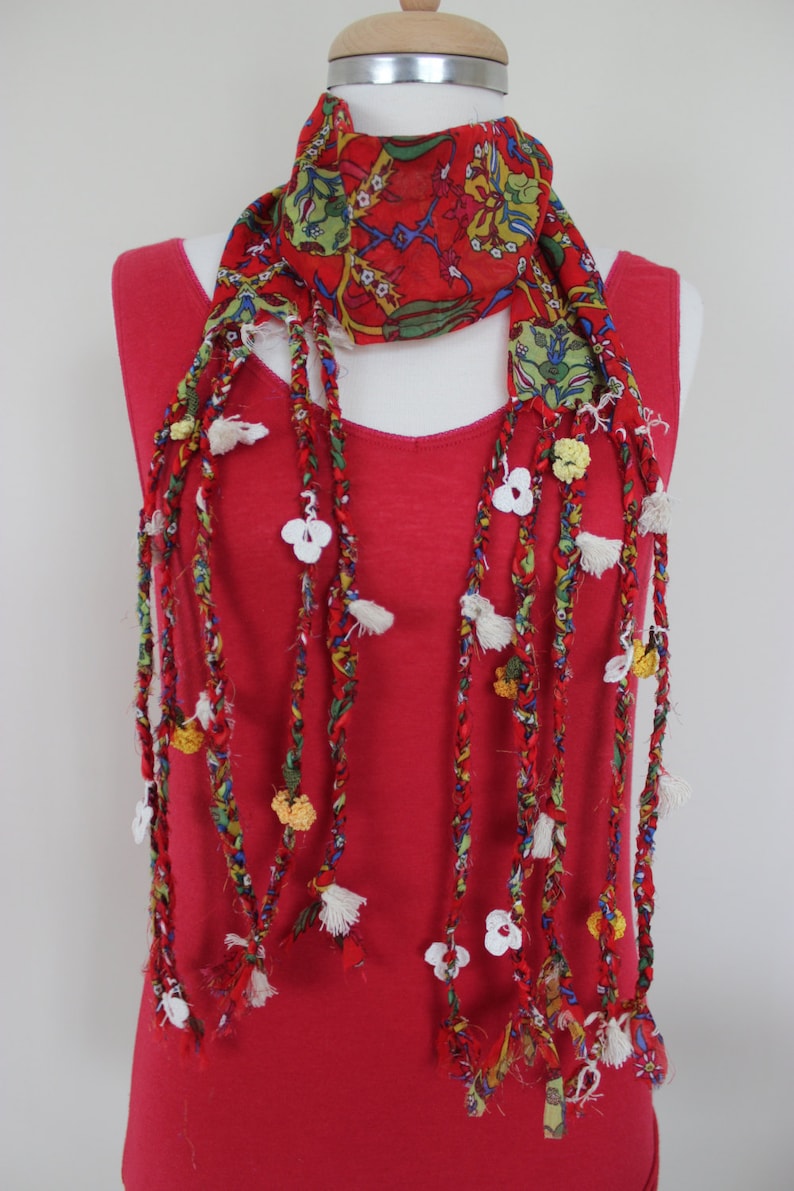 Boho Red Braided Ethnic Scarf, Turkish OYA, Bohemian gypsy headwrap, hair wrap, yemeni, crochet - Bandana, Dreadlocks Red Bandana Boho Hippy image 4