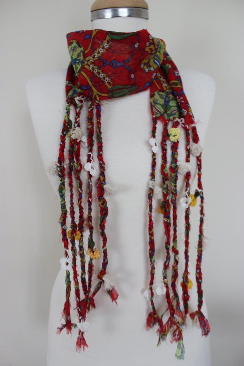 Boho Red Braided Ethnic Scarf, Turkish OYA, Bohemian gypsy headwrap, hair wrap, yemeni, crochet - Bandana, Dreadlocks Red Bandana Boho Hippy image 5