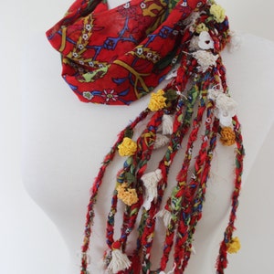 Boho Red Braided Ethnic Scarf, Turkish OYA, Bohemian gypsy headwrap, hair wrap, yemeni, crochet - Bandana, Dreadlocks Red Bandana Boho Hippy image 1