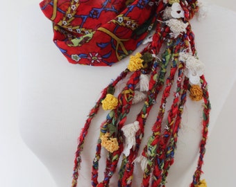 Boho Red Braided Ethnic Scarf, Turkish OYA, Bohemian gypsy headwrap, hair wrap, yemeni, crochet - Bandana, Dreadlocks Red Bandana Boho Hippy