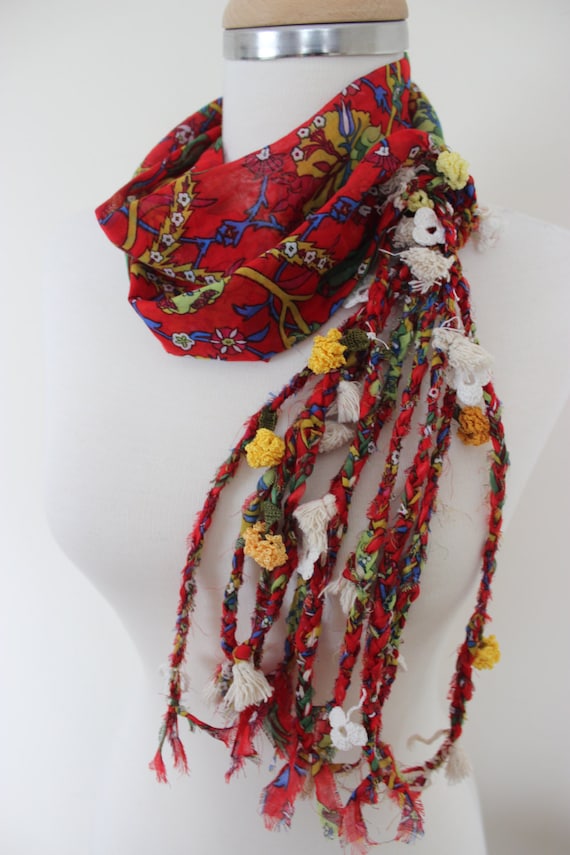 Boho Red Braided Ethnic Scarf, Turkish OYA, Bohemian gypsy headwrap, hair wrap, yemeni, crochet - Bandana, Dreadlocks Red Bandana Boho Hippy