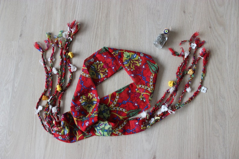 Boho Red Braided Ethnic Scarf, Turkish OYA, Bohemian gypsy headwrap, hair wrap, yemeni, crochet - Bandana, Dreadlocks Red Bandana Boho Hippy image 3