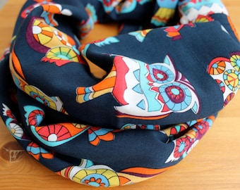 Owls, Owl Scarf, Owl Infinity Scarf, Owl Print Loop Scarf, Owls Scarf, Women Scarves, Owl Circle Scarf, Colorful Tube Scarf, Owl Print Scarf