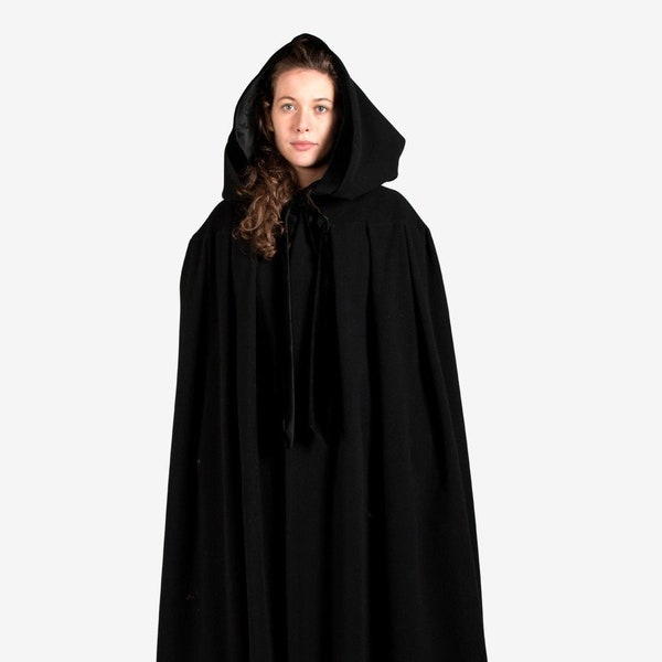 Costume artisanal vénitien | Unisex Manteau Noire Avec Capuche En Laine Pure