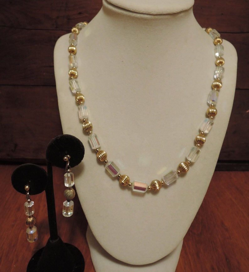 Octagonal Glass Bead Necklace and Earring Set with Gold Tone Beads 1980s
