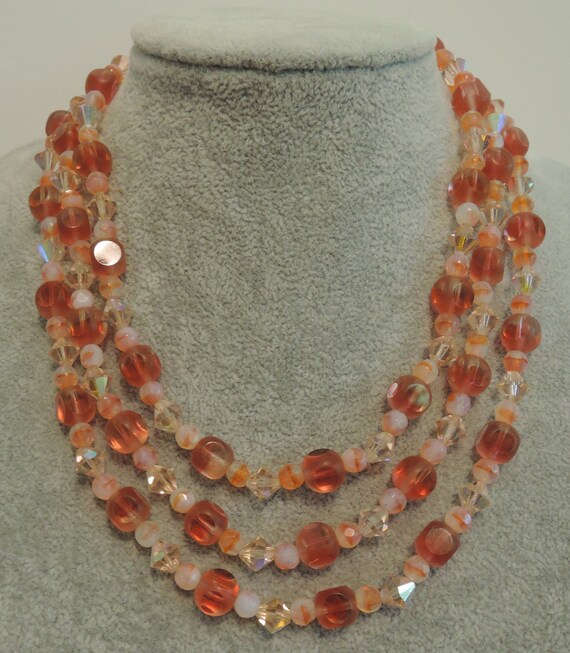 Salmon Pink Glass Bead Triple Strand Necklace 1950