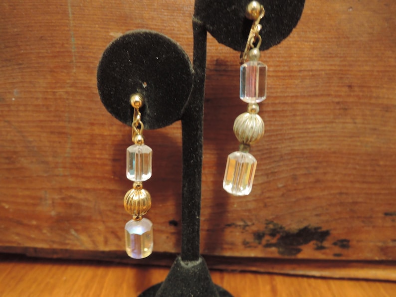 Octagonal Glass Bead Necklace and Earring Set with Gold Tone Beads 1980s