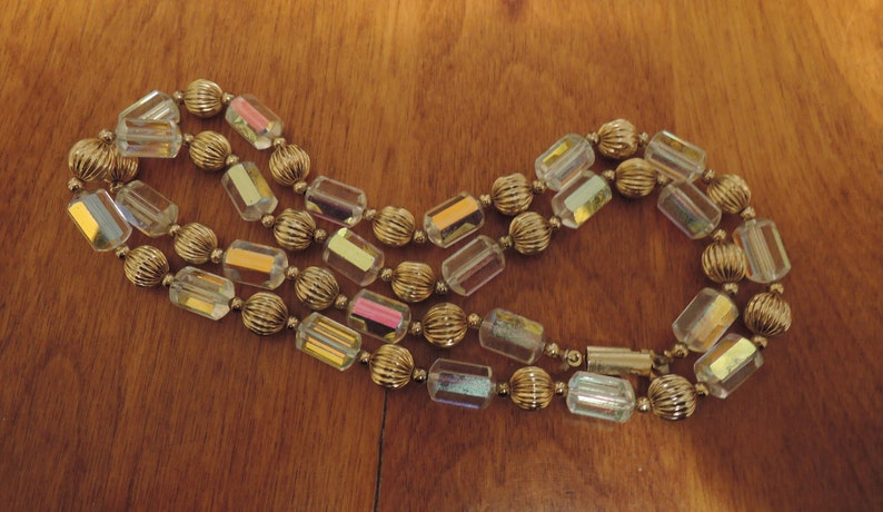 Octagonal Glass Bead Necklace and Earring Set with Gold Tone Beads 1980s