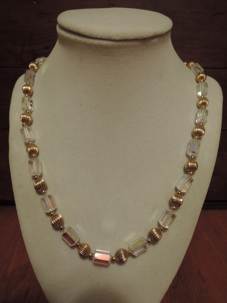 Octagonal Glass Bead Necklace and Earring Set with Gold Tone Beads 1980s