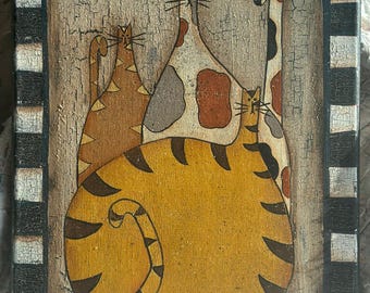Primitive Cats Painting: Hand-Painted Folk Art on Stretched Canvas