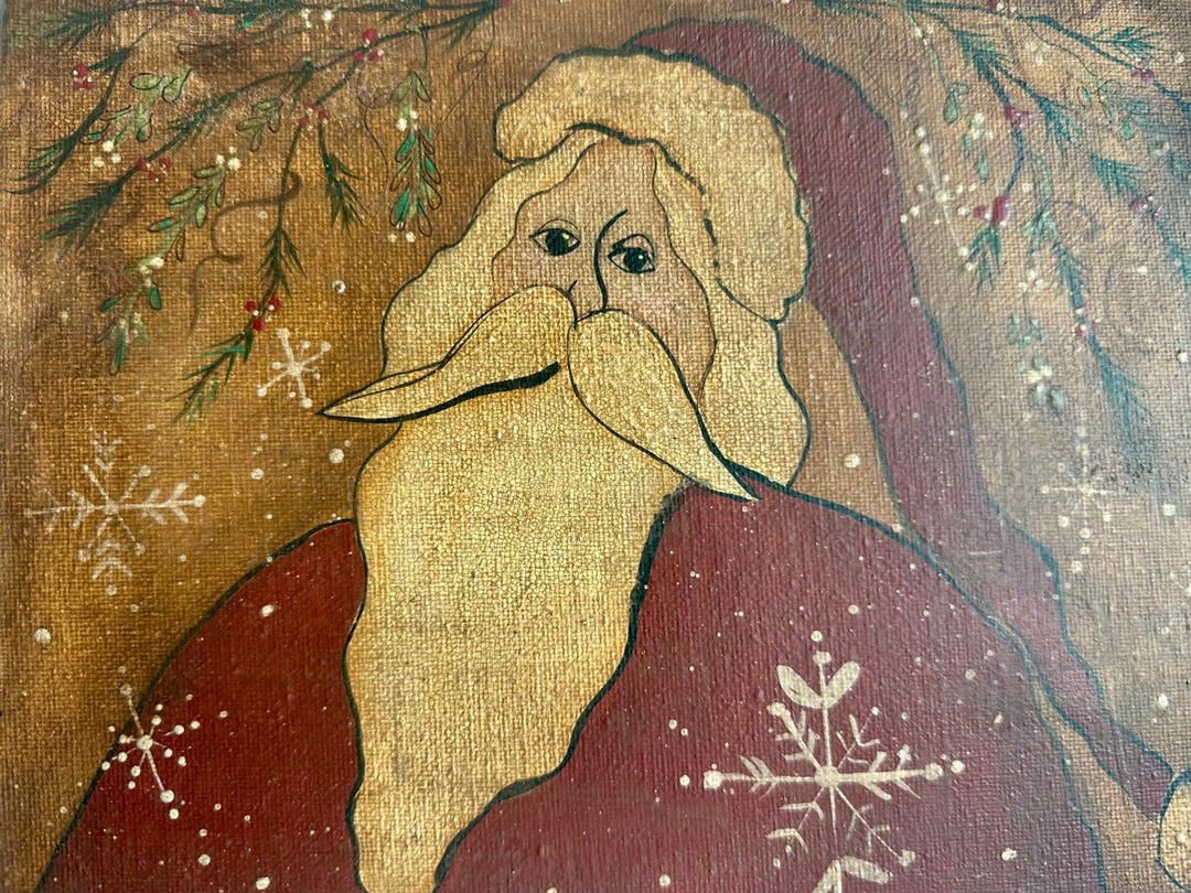 Prim Santa Vintage Hand Painted Prim Santa 8x10 Painting on Wrapped Stretched ...