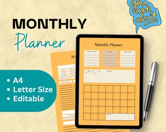 Undated Monthly Planner Printable | Editable Canva Monthly Calendar Template | Digital Monthly Print Inserts| To Do List A4