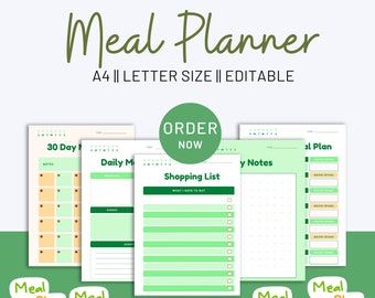 Meal Planner Printable and Editable PDF| Weekly Meal Chart| Grocery Shopping List| Weekly Menu| Fillable Template| A5 Meal planner