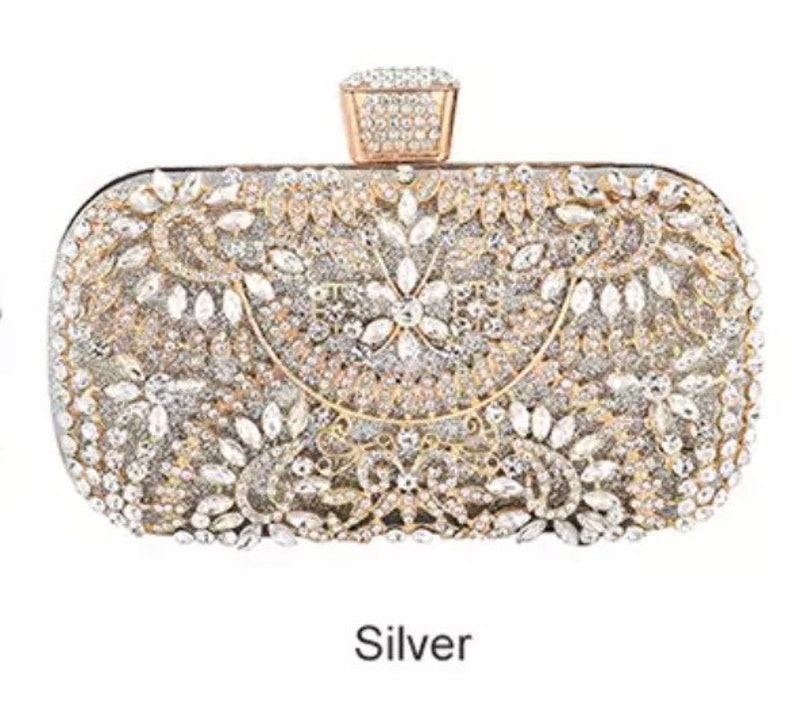 BRIDAL CLUTCH, RHINESTONE Purse, Over Shoulder Bag, Fancy Pearls And Crystals Cross body Chain Bridesmaid silver Clutch image 3