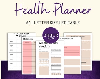 Health Planner| Health tracker| Medication tracker|Editable Wellness Planner| Health Canva Planner|Digital health and wellness planner