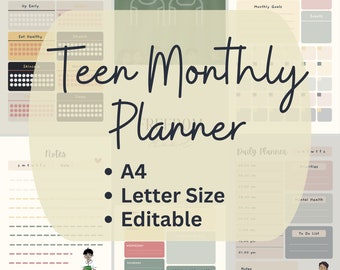 Teen planner|Teen monthly planner| Self reflection editable| Monthly planner| Inspiration journal| Teen daily journal| Digital printable A4