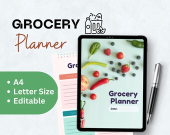 Grocery List Printable Template| Grocery Planner| Food Shopping List| Instant Download PDF grocery| Editable canva pdf grocery planner