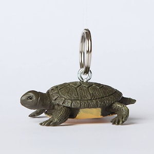 Könnte beinhalten: Ein kleiner grüner Schildkröten-Schlüsselanhänger mit einem silbernen Schlüsselring. Die Schildkröte hat eine braune Schale und eine gelbe Unterseite.