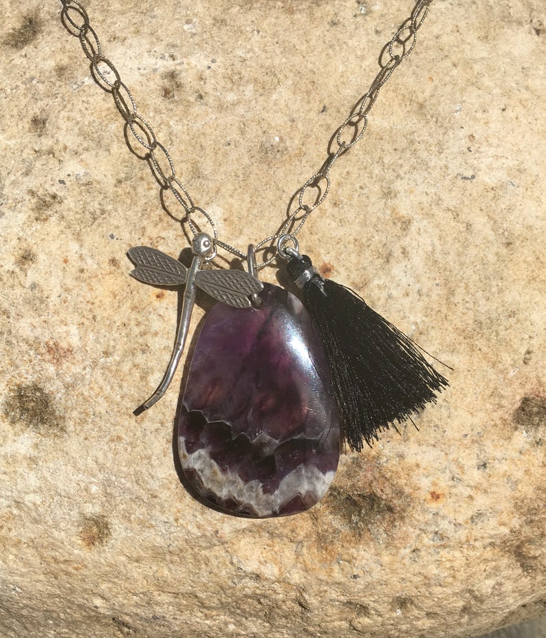 Black Tassel Sterling chain Reiki carged Hill Tribe Silver Damselfly pendant Transformative Healing Chevron Amethyst Gift idea