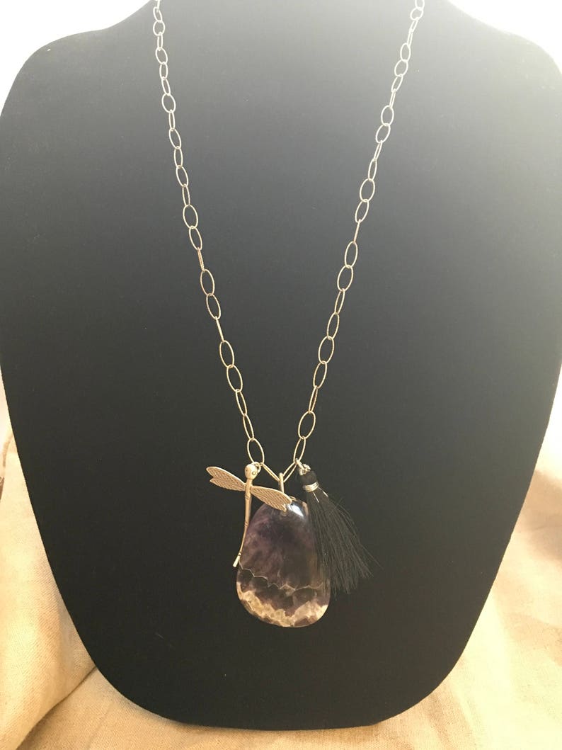 Black Tassel Sterling chain Reiki carged Hill Tribe Silver Damselfly pendant Transformative Healing Chevron Amethyst Gift idea